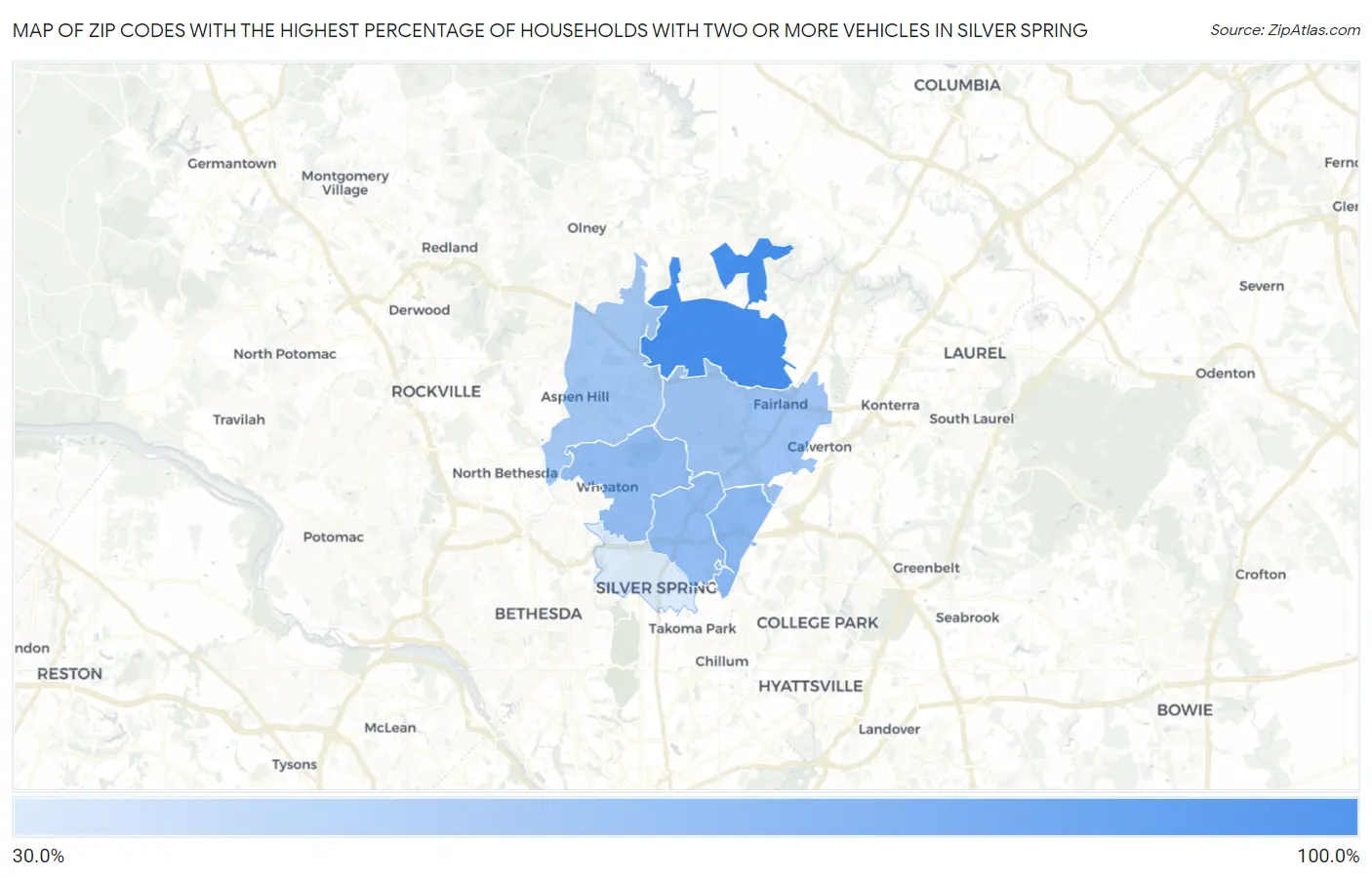 Zip Codes with the Highest Percentage of Households With Two or more Vehicles in Silver Spring Map