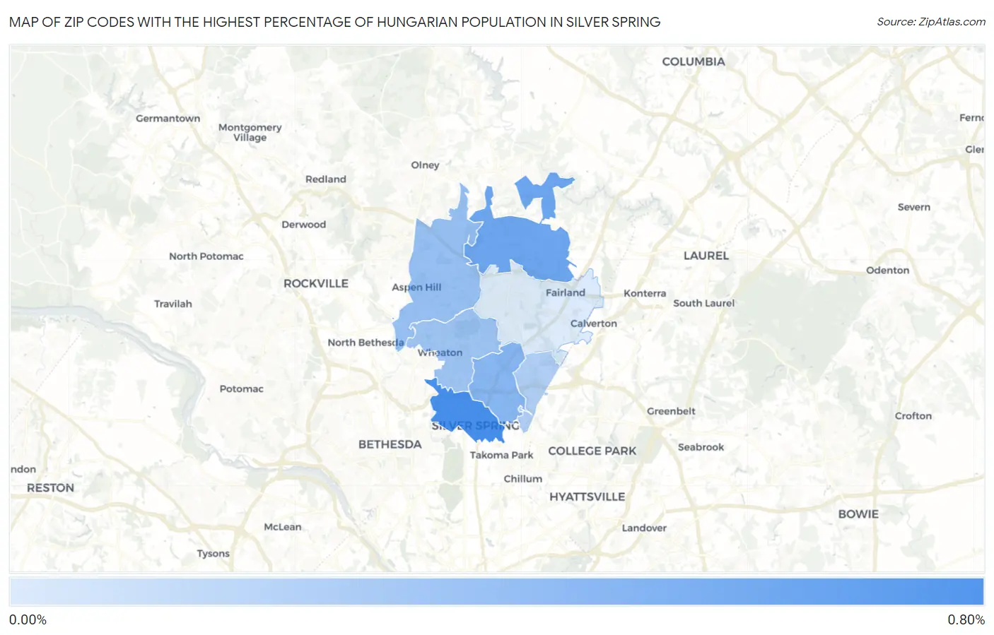 Zip Codes with the Highest Percentage of Hungarian Population in Silver Spring Map