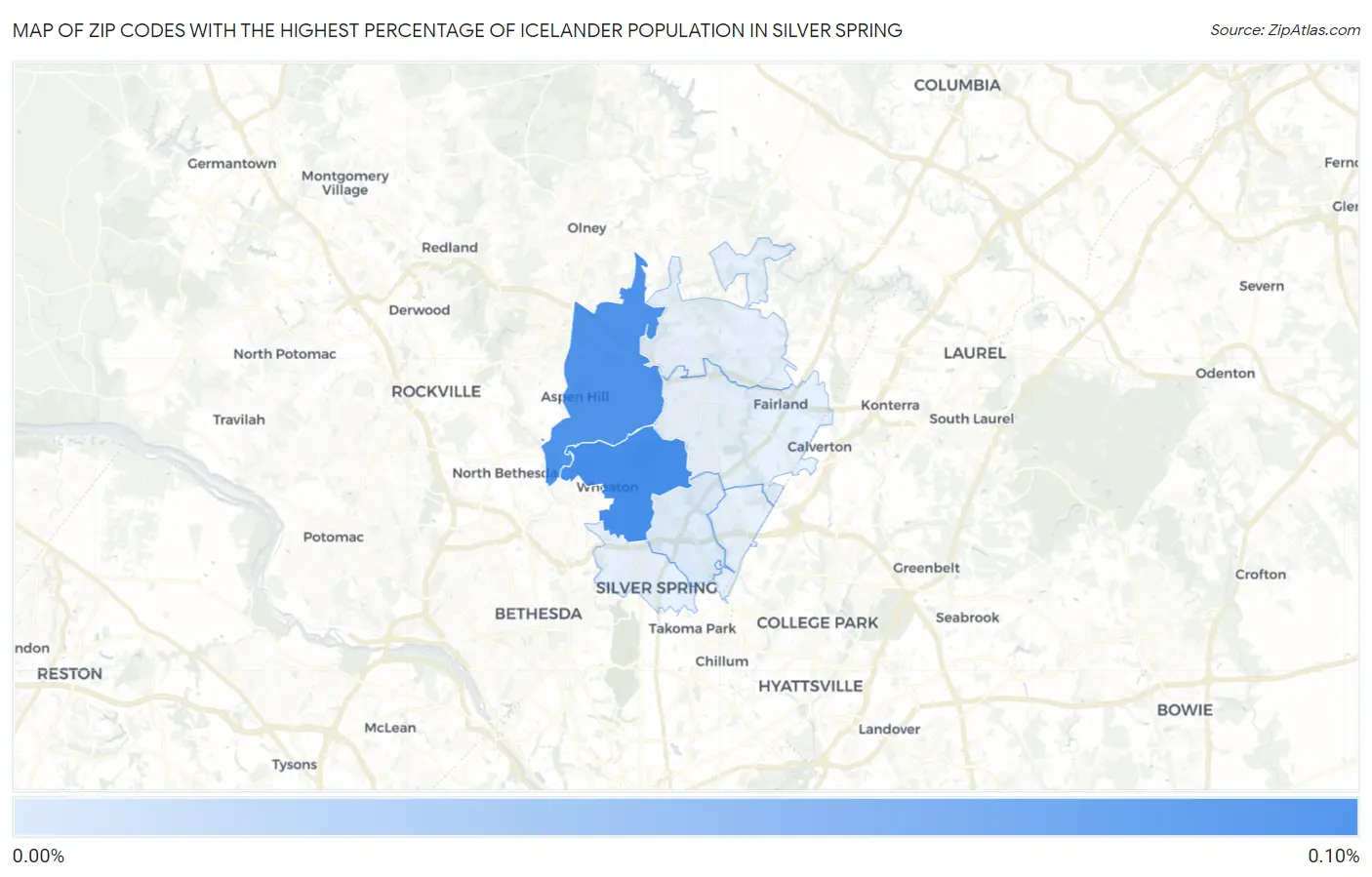 Zip Codes with the Highest Percentage of Icelander Population in Silver Spring Map