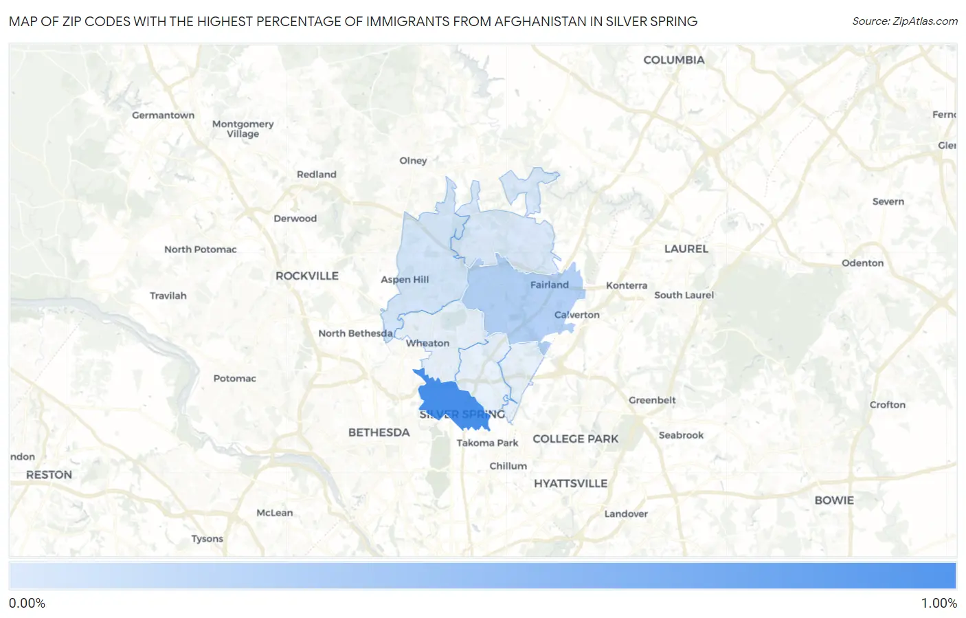 Zip Codes with the Highest Percentage of Immigrants from Afghanistan in Silver Spring Map