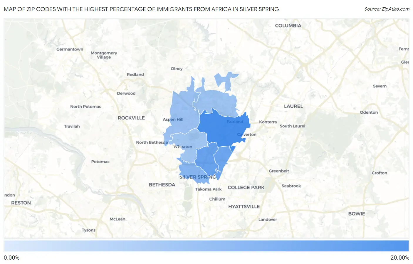 Zip Codes with the Highest Percentage of Immigrants from Africa in Silver Spring Map
