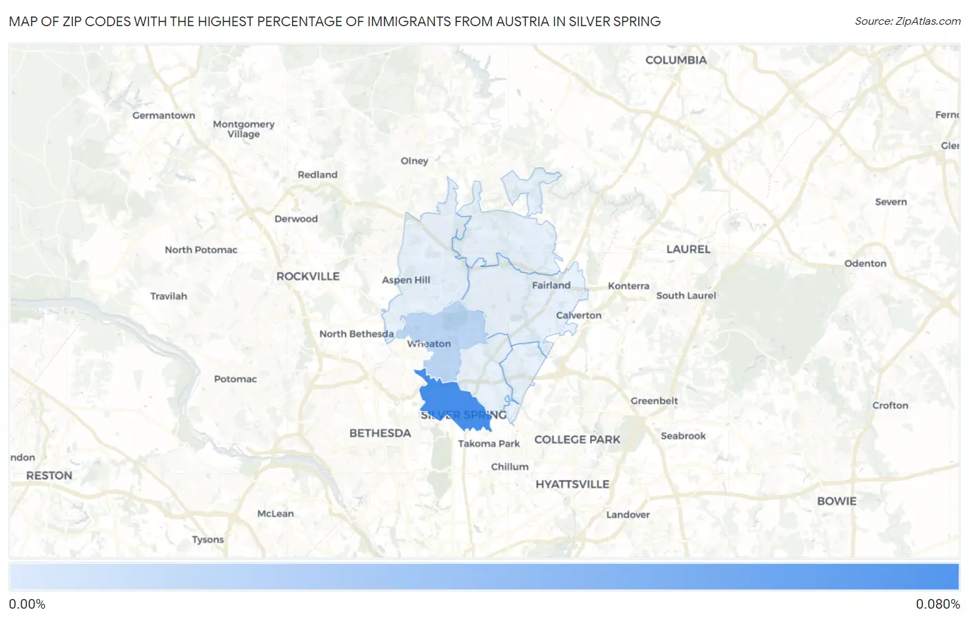 Zip Codes with the Highest Percentage of Immigrants from Austria in Silver Spring Map