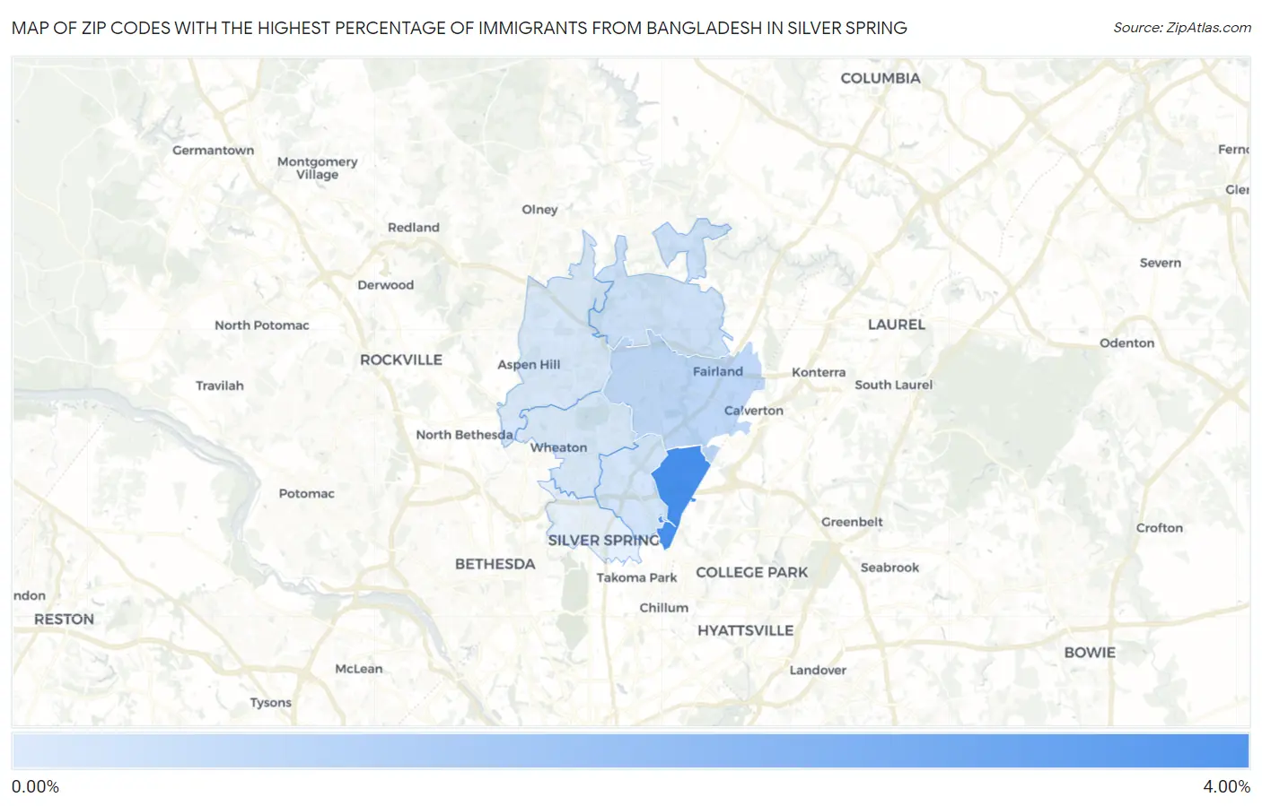 Zip Codes with the Highest Percentage of Immigrants from Bangladesh in Silver Spring Map