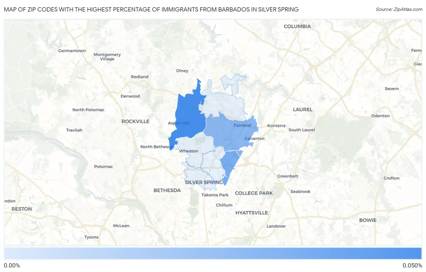 Zip Codes with the Highest Percentage of Immigrants from Barbados in Silver Spring Map