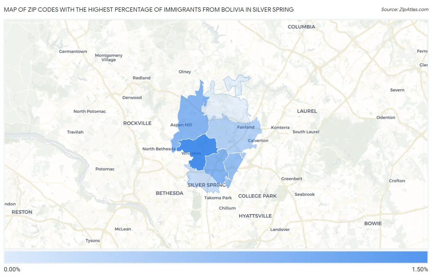 Zip Codes with the Highest Percentage of Immigrants from Bolivia in Silver Spring Map