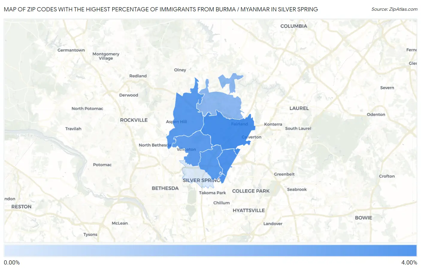 Zip Codes with the Highest Percentage of Immigrants from Burma / Myanmar in Silver Spring Map