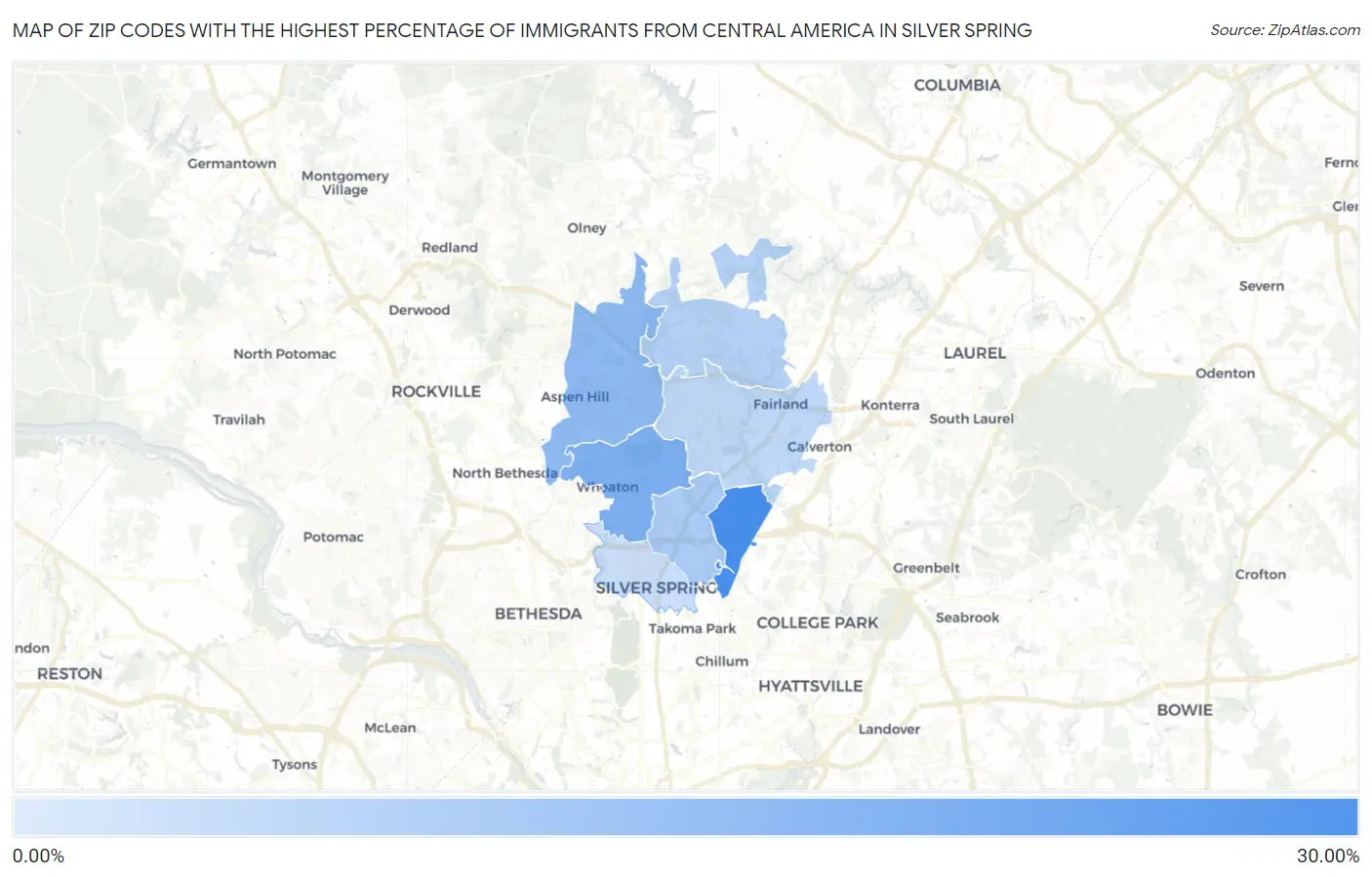Zip Codes with the Highest Percentage of Immigrants from Central America in Silver Spring Map