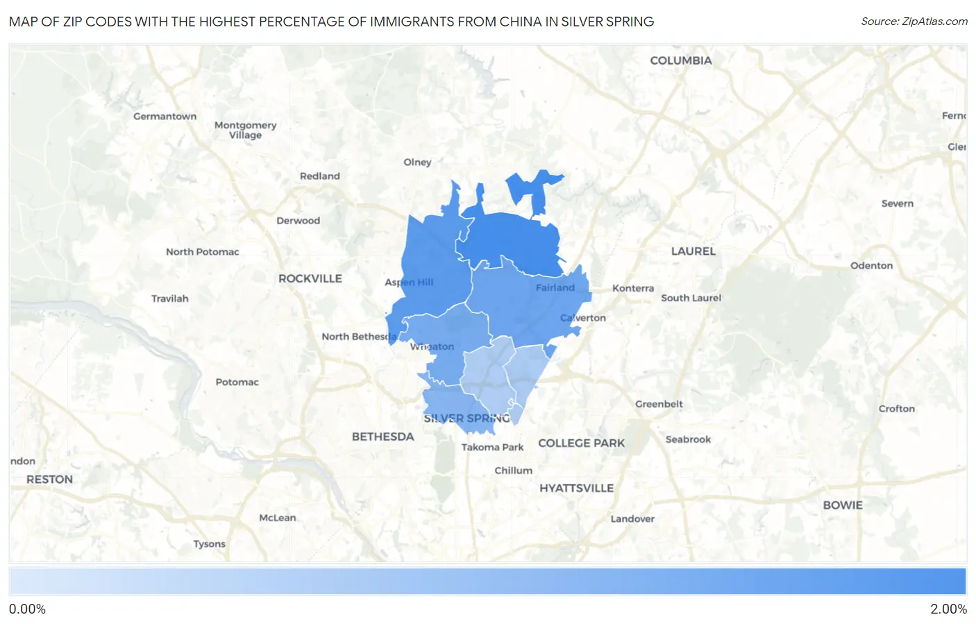 Zip Codes with the Highest Percentage of Immigrants from China in Silver Spring Map