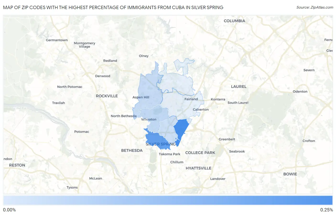 Zip Codes with the Highest Percentage of Immigrants from Cuba in Silver Spring Map