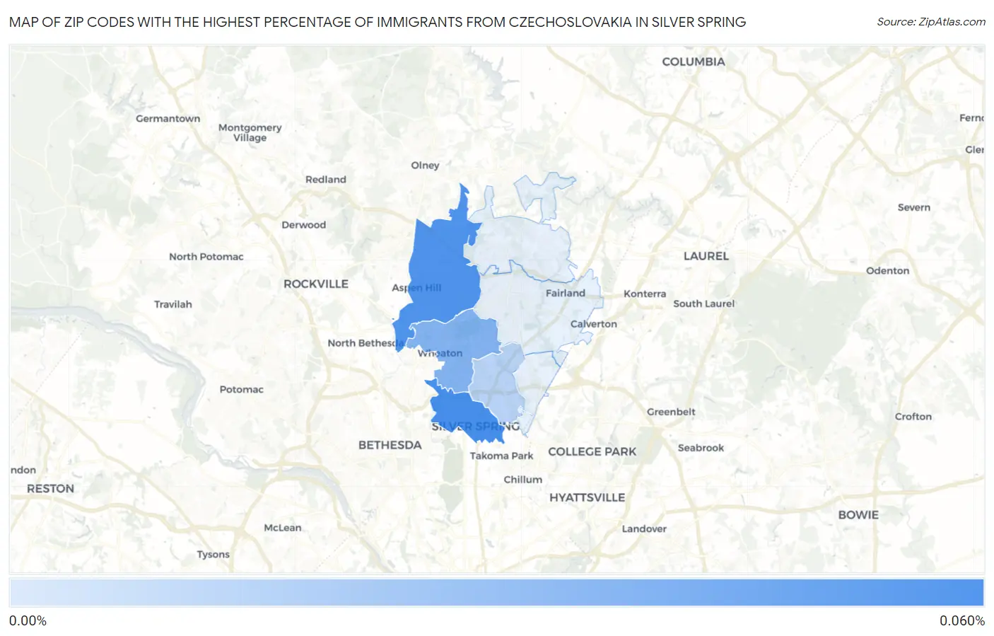 Zip Codes with the Highest Percentage of Immigrants from Czechoslovakia in Silver Spring Map