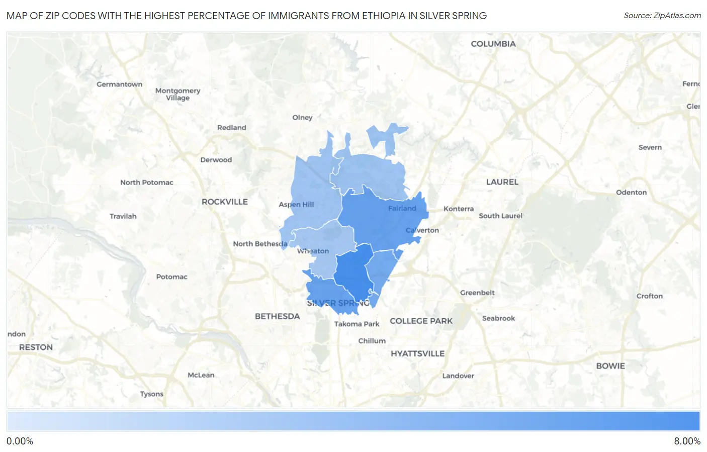 Zip Codes with the Highest Percentage of Immigrants from Ethiopia in Silver Spring Map