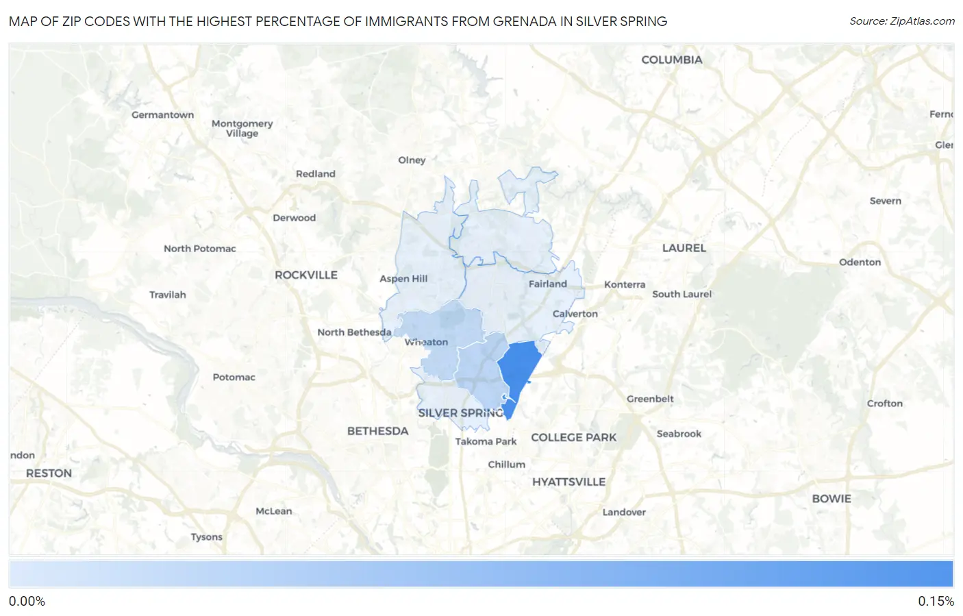 Zip Codes with the Highest Percentage of Immigrants from Grenada in Silver Spring Map