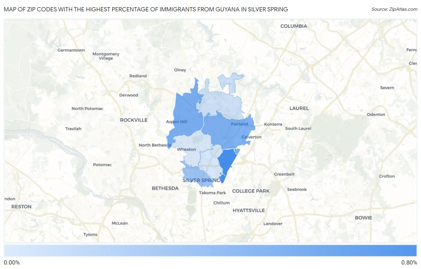 Zip Codes with the Highest Percentage of Immigrants from Guyana in Silver Spring Map