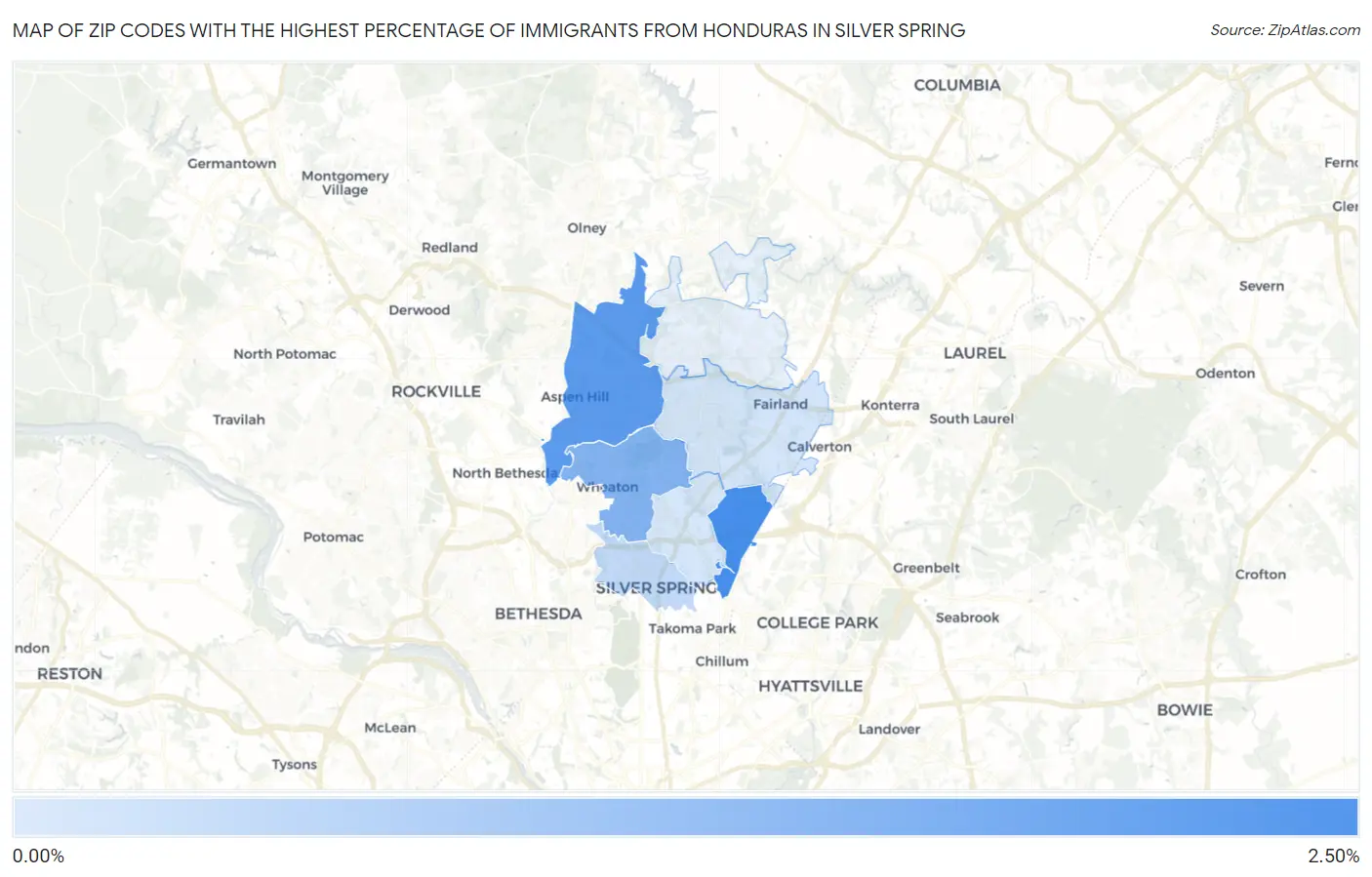 Zip Codes with the Highest Percentage of Immigrants from Honduras in Silver Spring Map