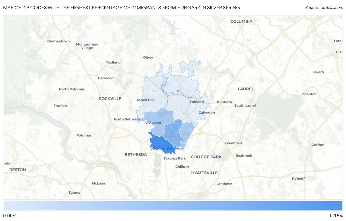 Zip Codes with the Highest Percentage of Immigrants from Hungary in Silver Spring Map