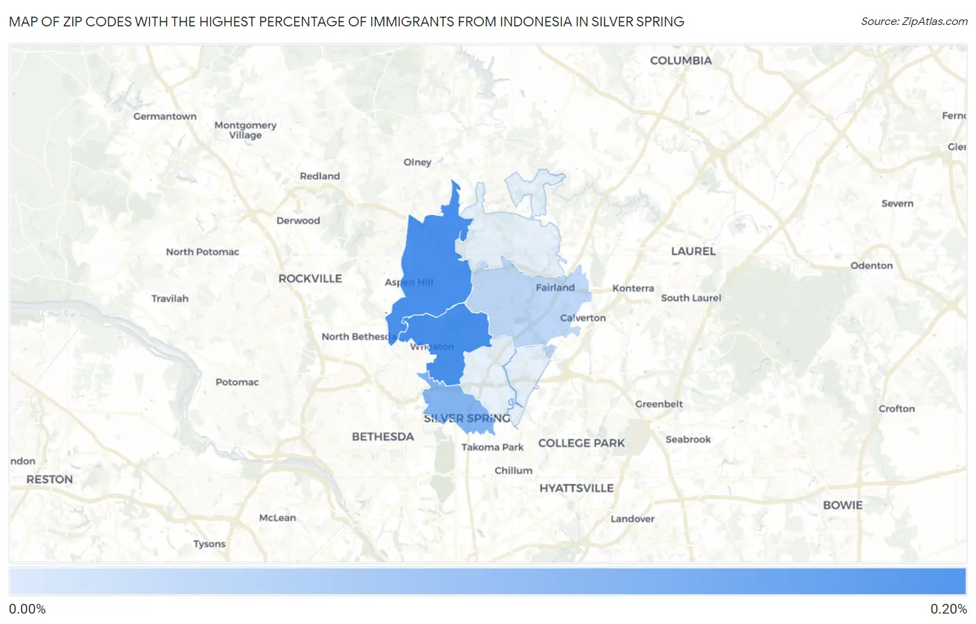 Zip Codes with the Highest Percentage of Immigrants from Indonesia in Silver Spring Map