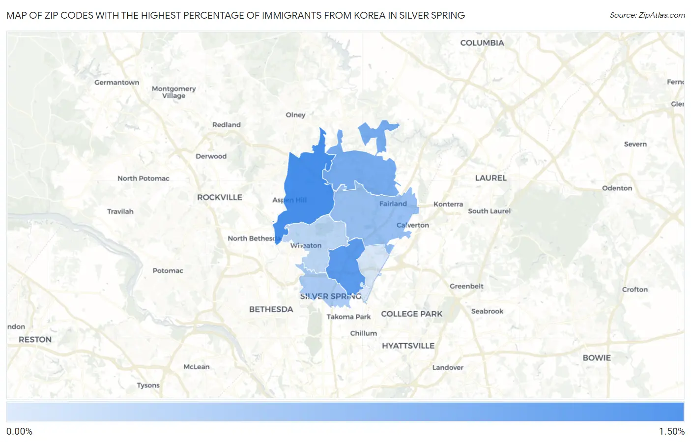 Zip Codes with the Highest Percentage of Immigrants from Korea in Silver Spring Map