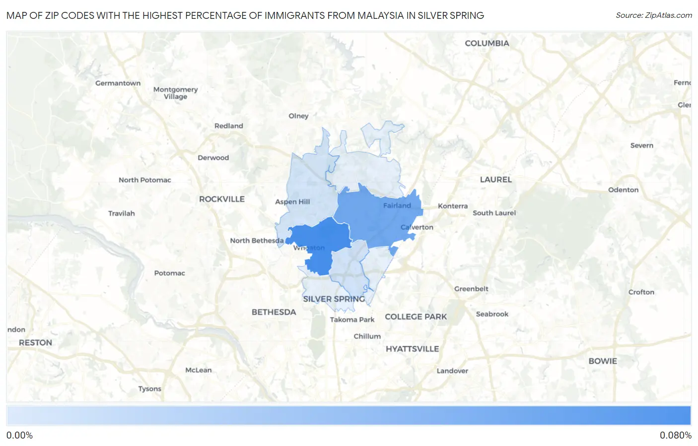 Zip Codes with the Highest Percentage of Immigrants from Malaysia in Silver Spring Map
