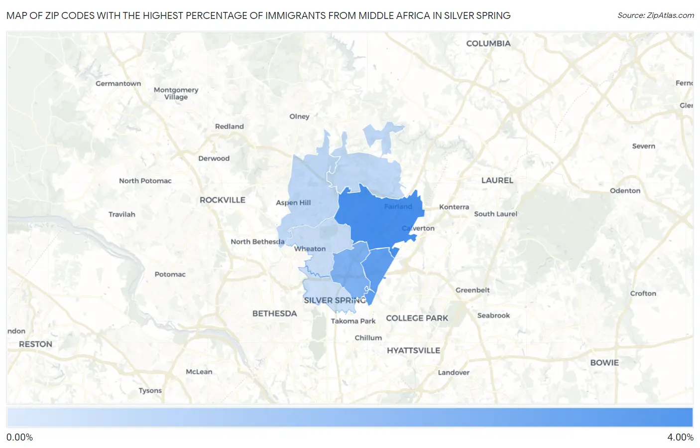 Zip Codes with the Highest Percentage of Immigrants from Middle Africa in Silver Spring Map