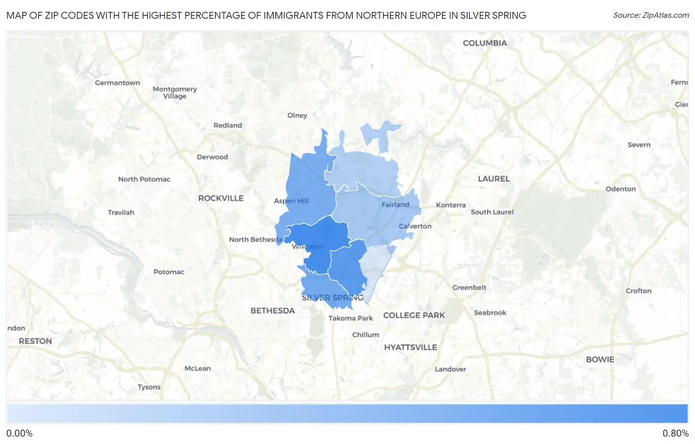 Zip Codes with the Highest Percentage of Immigrants from Northern Europe in Silver Spring Map
