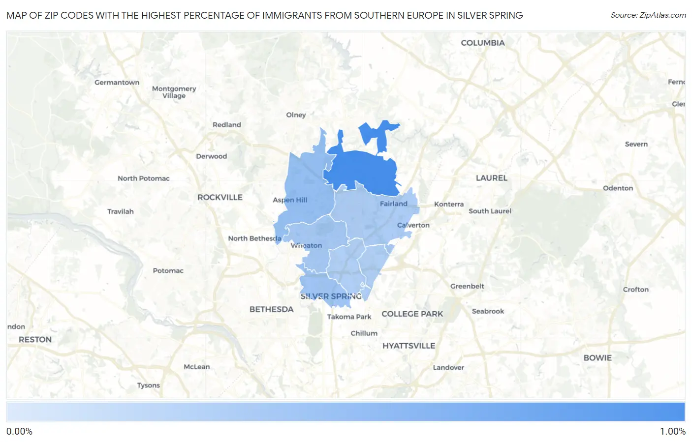 Zip Codes with the Highest Percentage of Immigrants from Southern Europe in Silver Spring Map