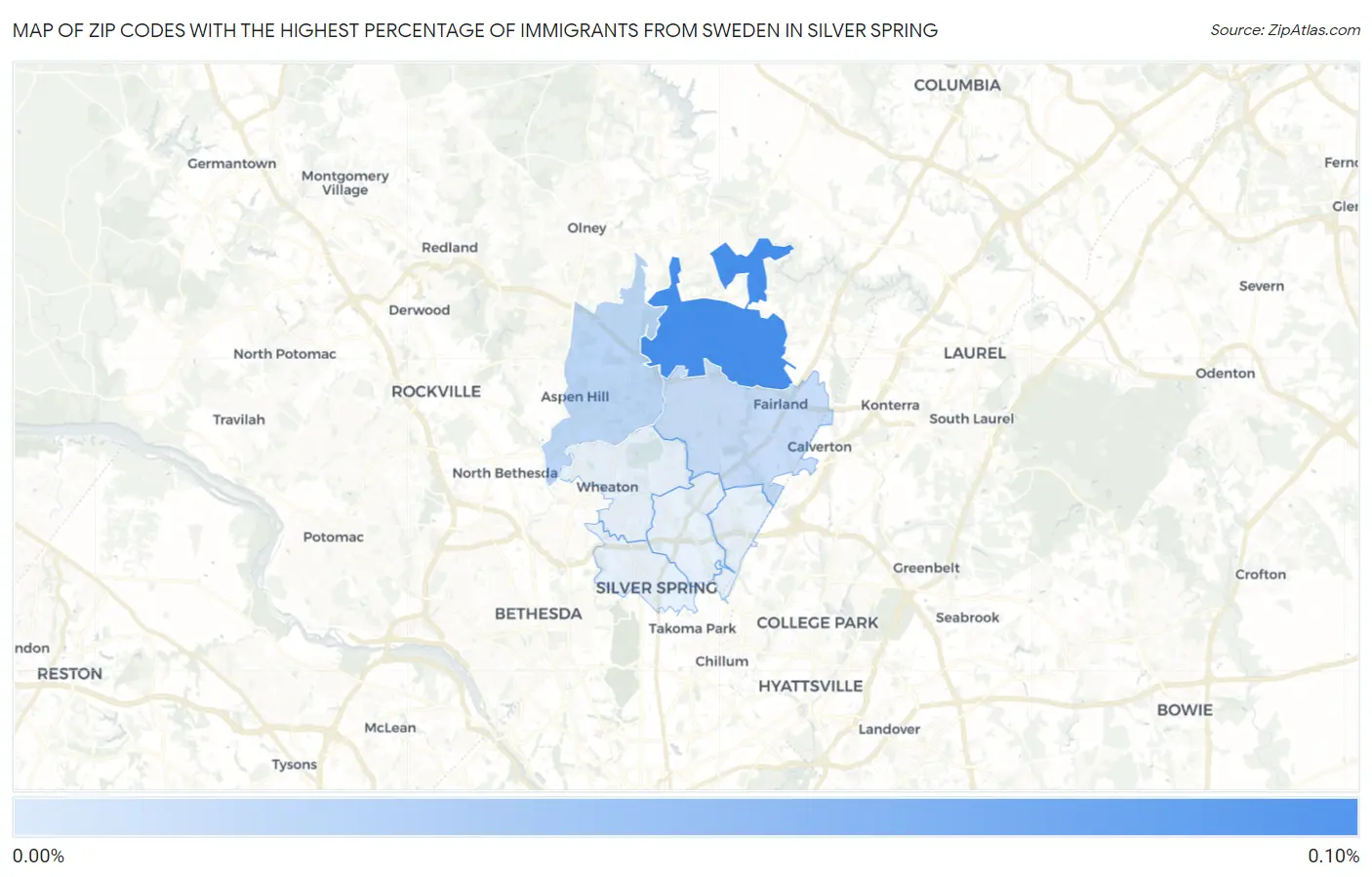 Zip Codes with the Highest Percentage of Immigrants from Sweden in Silver Spring Map