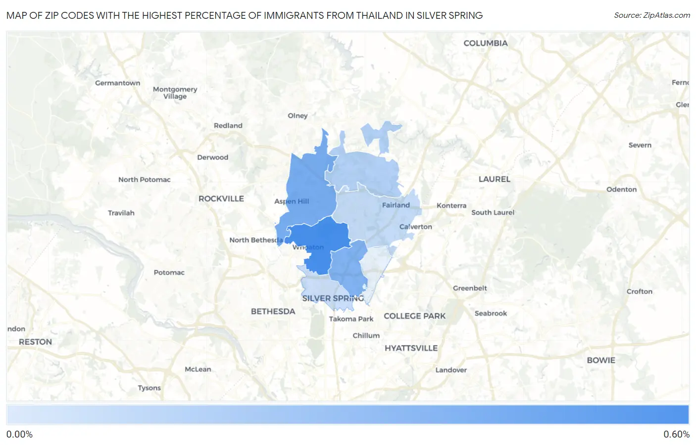 Zip Codes with the Highest Percentage of Immigrants from Thailand in Silver Spring Map