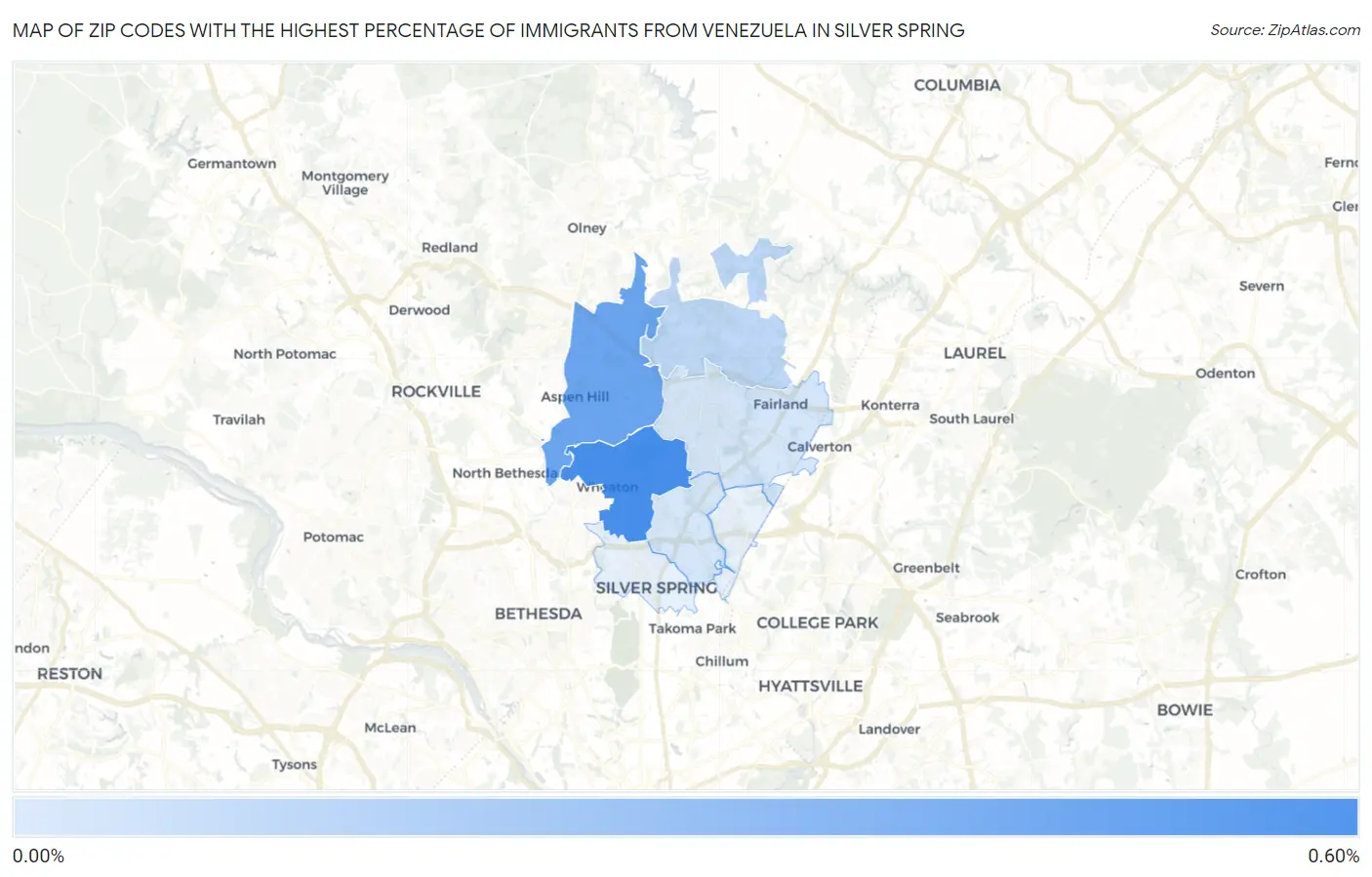 Zip Codes with the Highest Percentage of Immigrants from Venezuela in Silver Spring Map