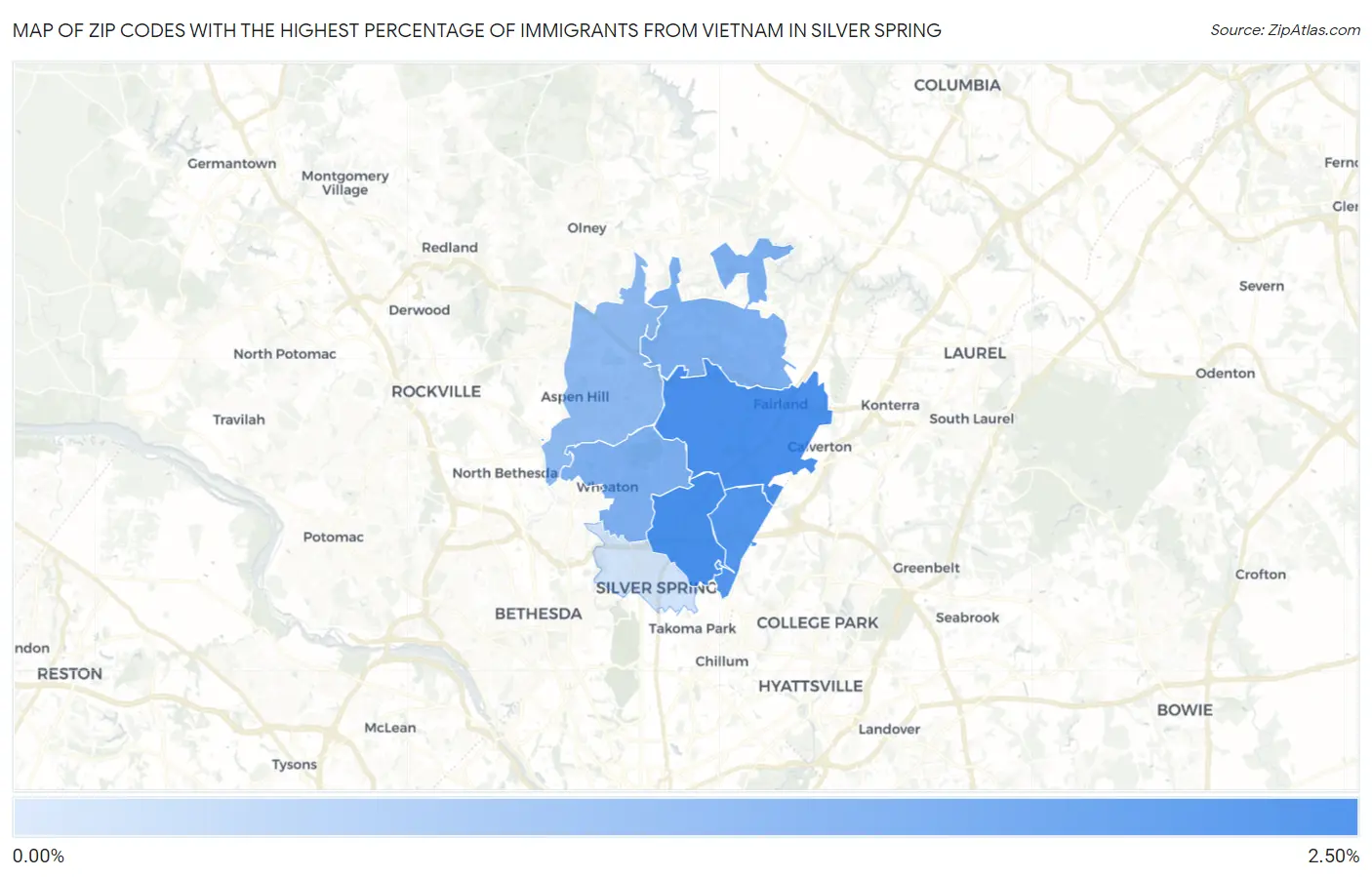 Zip Codes with the Highest Percentage of Immigrants from Vietnam in Silver Spring Map