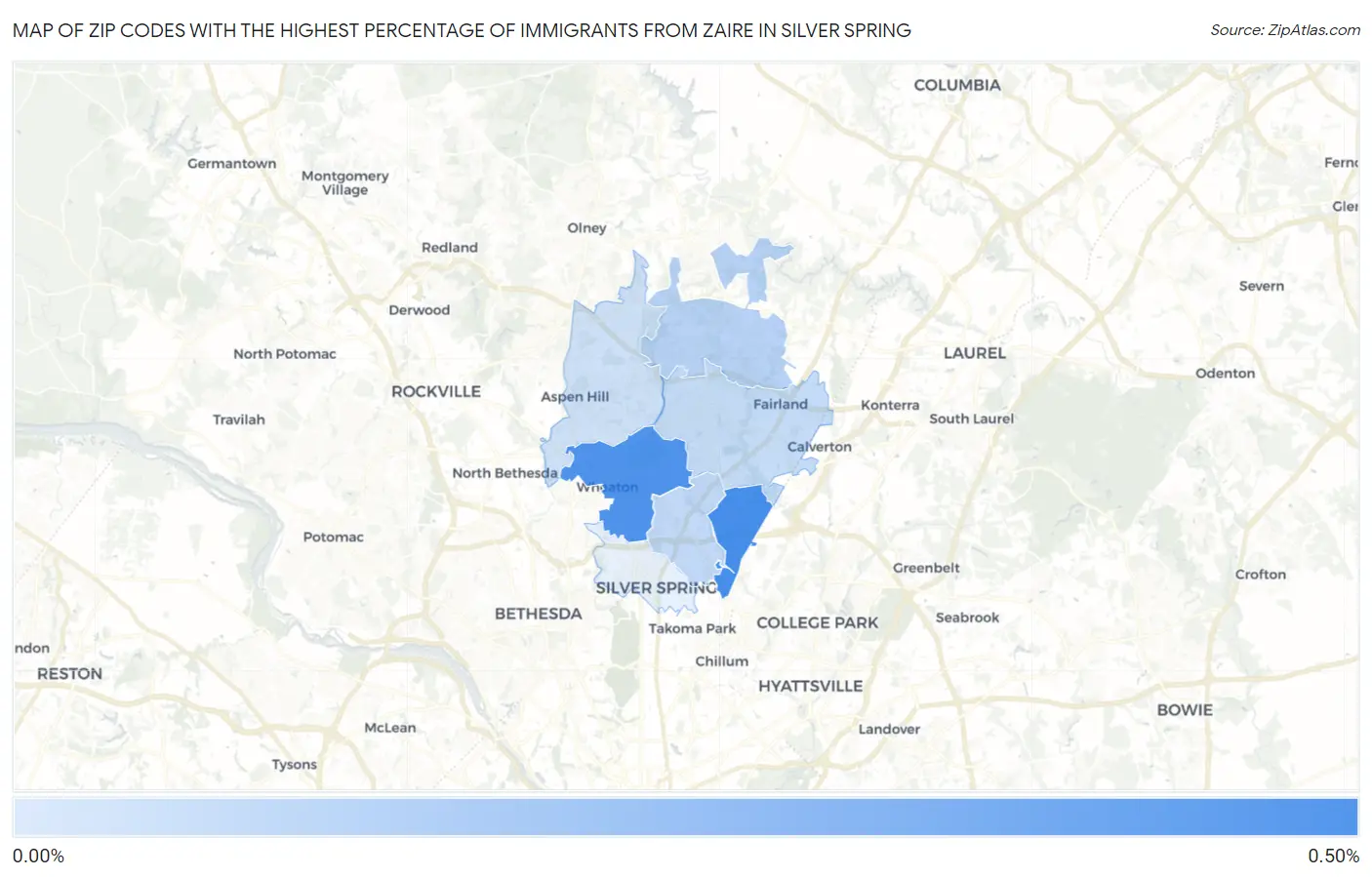 Zip Codes with the Highest Percentage of Immigrants from Zaire in Silver Spring Map