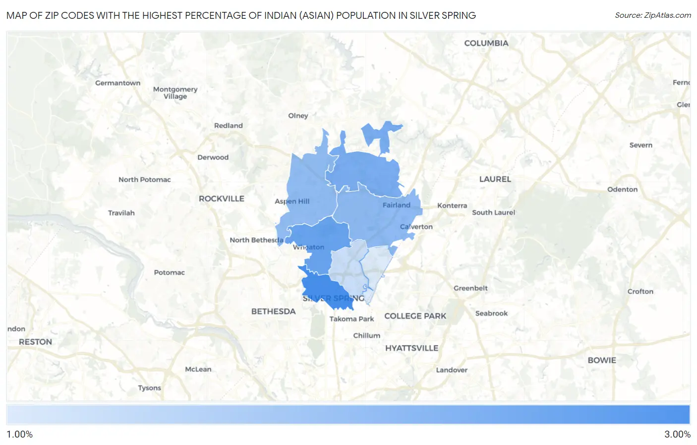 Zip Codes with the Highest Percentage of Indian (Asian) Population in Silver Spring Map