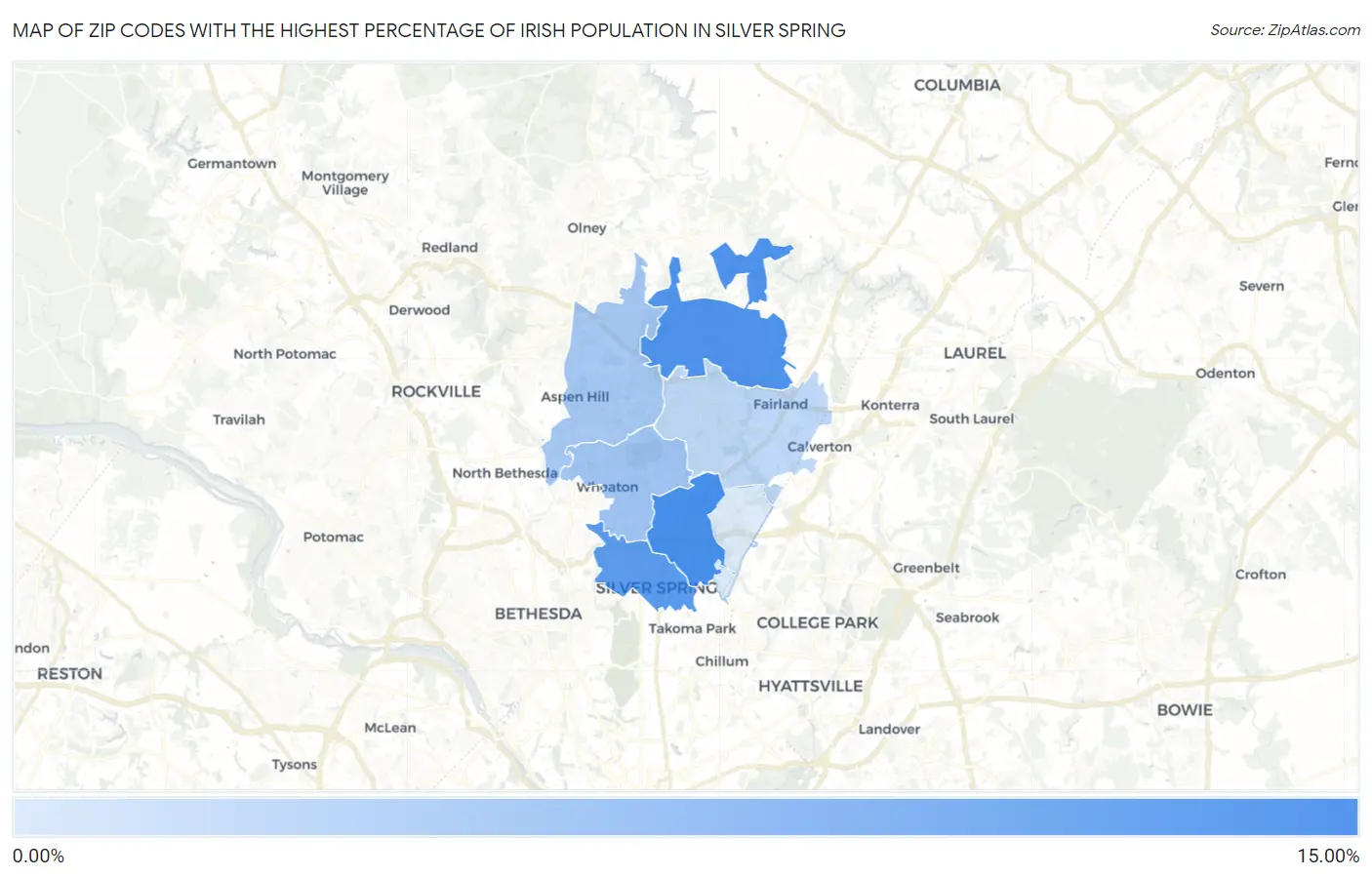 Zip Codes with the Highest Percentage of Irish Population in Silver Spring Map