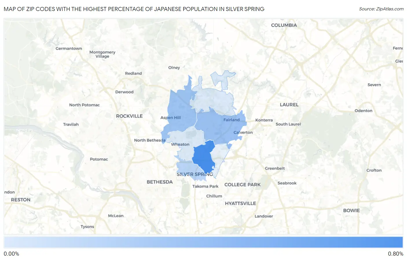 Zip Codes with the Highest Percentage of Japanese Population in Silver Spring Map