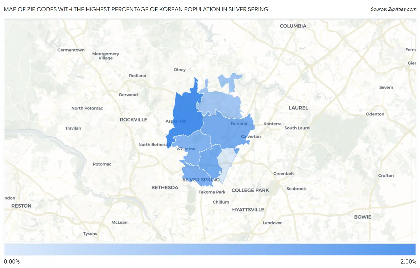 Zip Codes with the Highest Percentage of Korean Population in Silver Spring Map
