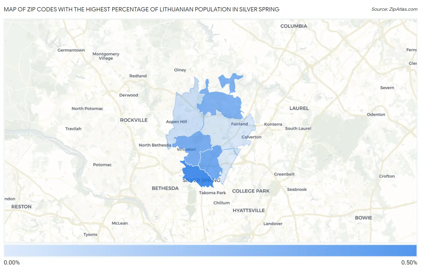Zip Codes with the Highest Percentage of Lithuanian Population in Silver Spring Map