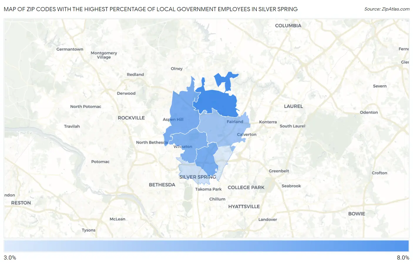 Zip Codes with the Highest Percentage of Local Government Employees in Silver Spring Map