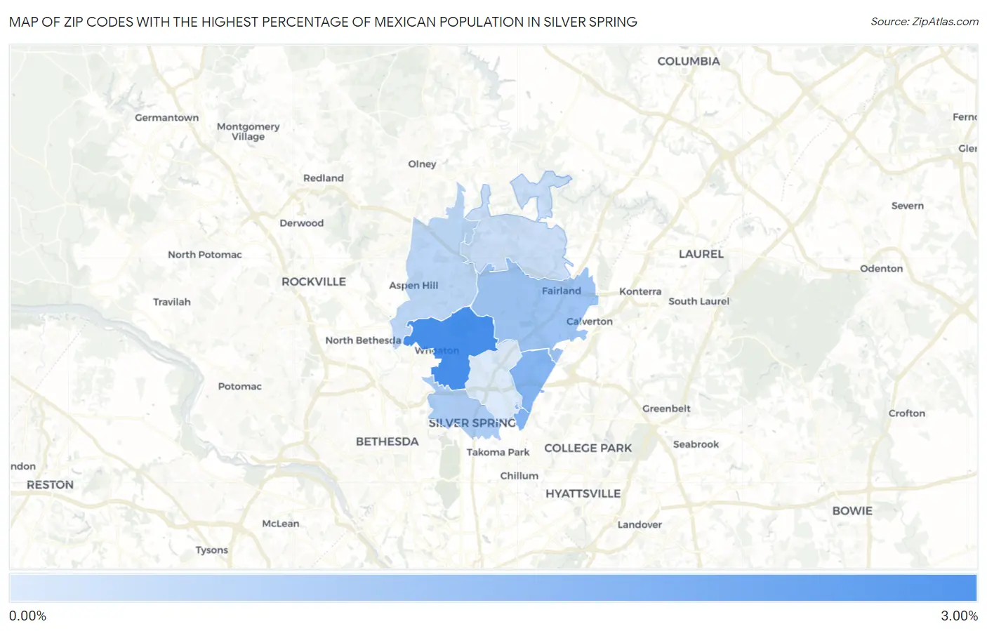 Zip Codes with the Highest Percentage of Mexican Population in Silver Spring Map