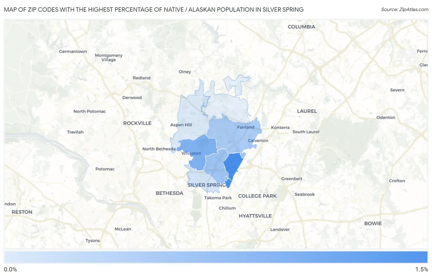 Zip Codes with the Highest Percentage of Native / Alaskan Population in Silver Spring Map