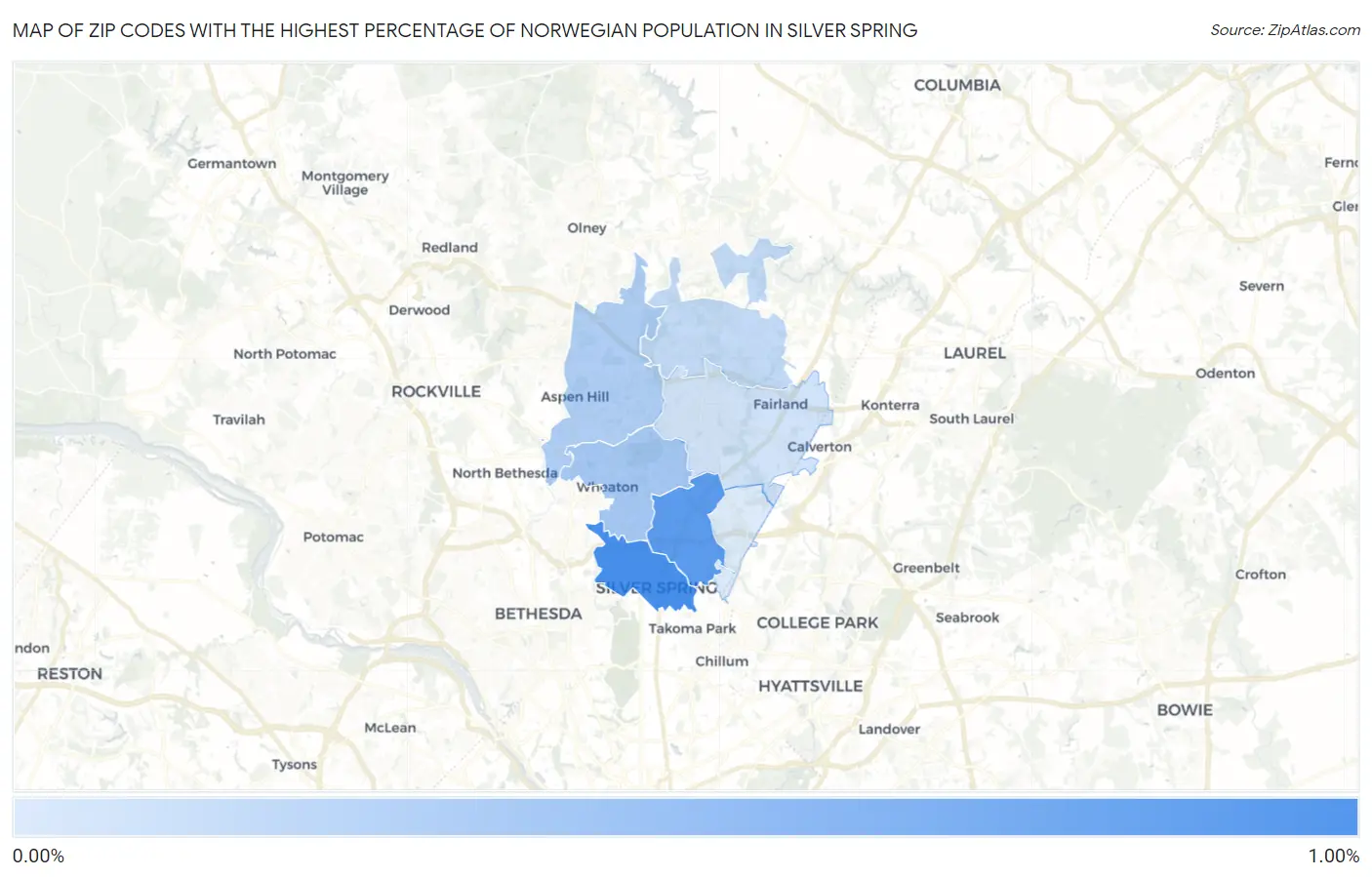 Zip Codes with the Highest Percentage of Norwegian Population in Silver Spring Map