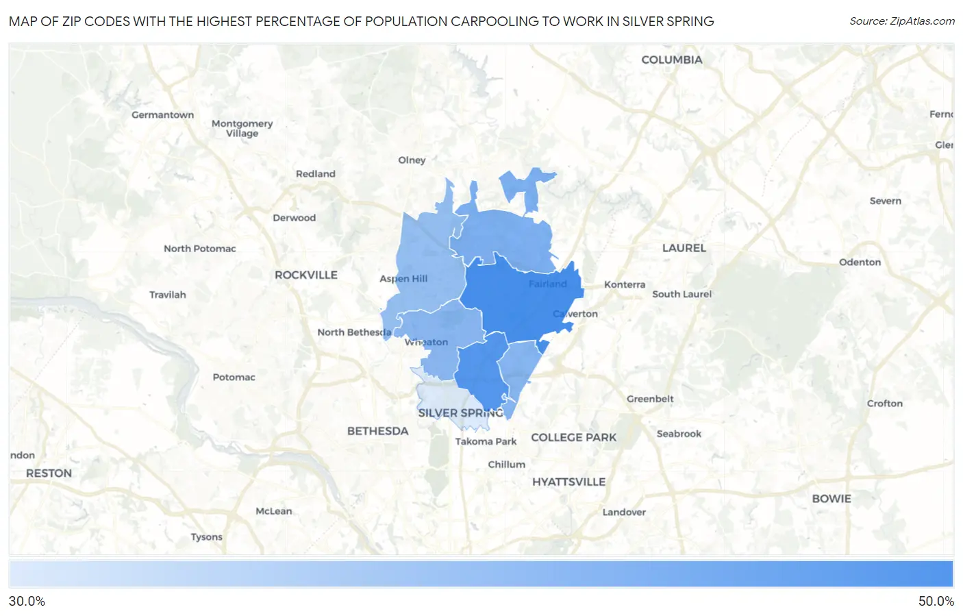 Zip Codes with the Highest Percentage of Population Carpooling to Work in Silver Spring Map
