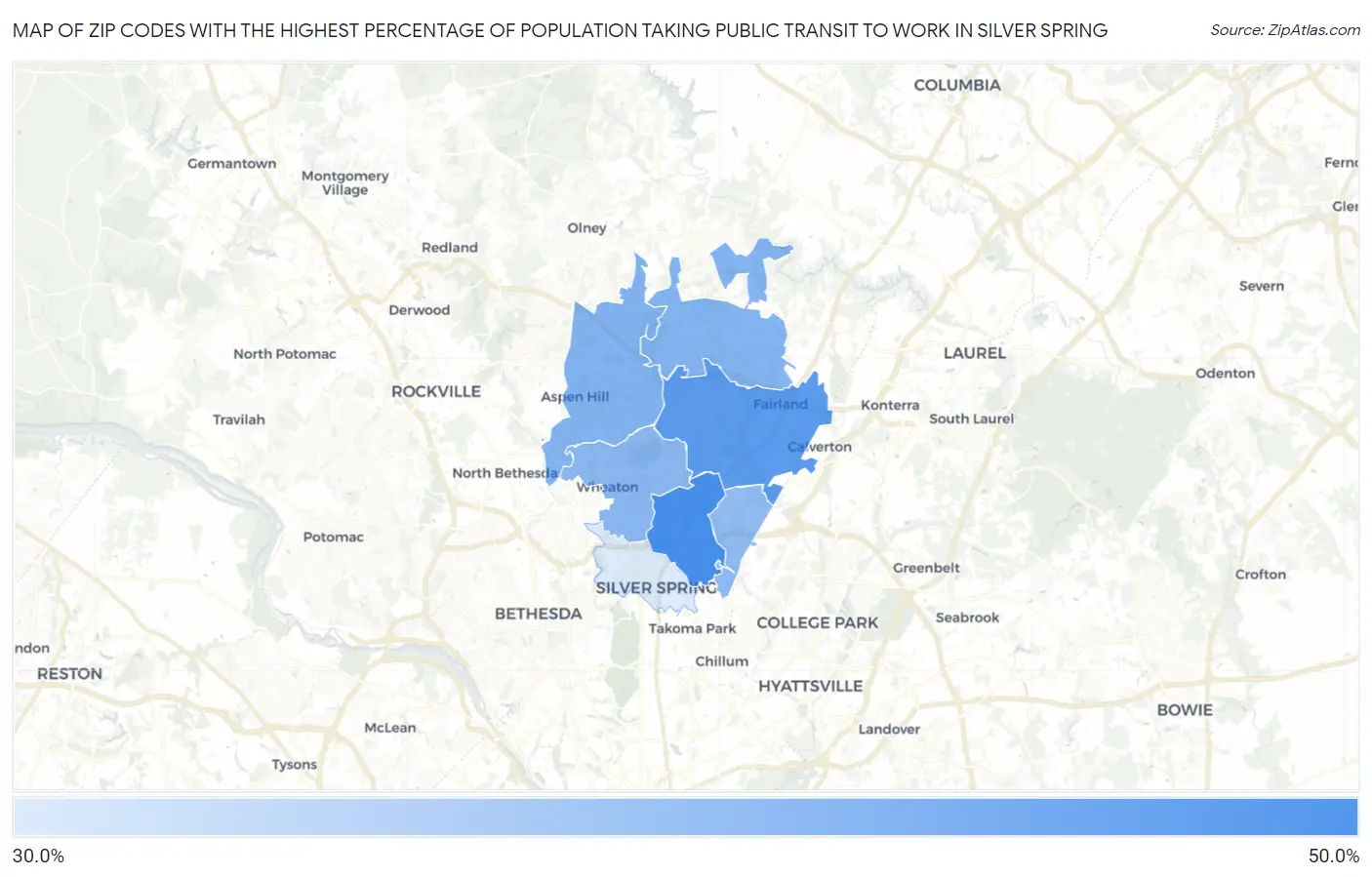 Zip Codes with the Highest Percentage of Population Taking Public Transit to Work in Silver Spring Map
