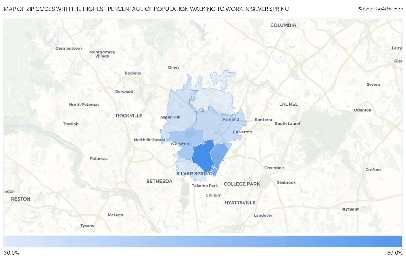 Zip Codes with the Highest Percentage of Population Walking to Work in Silver Spring Map