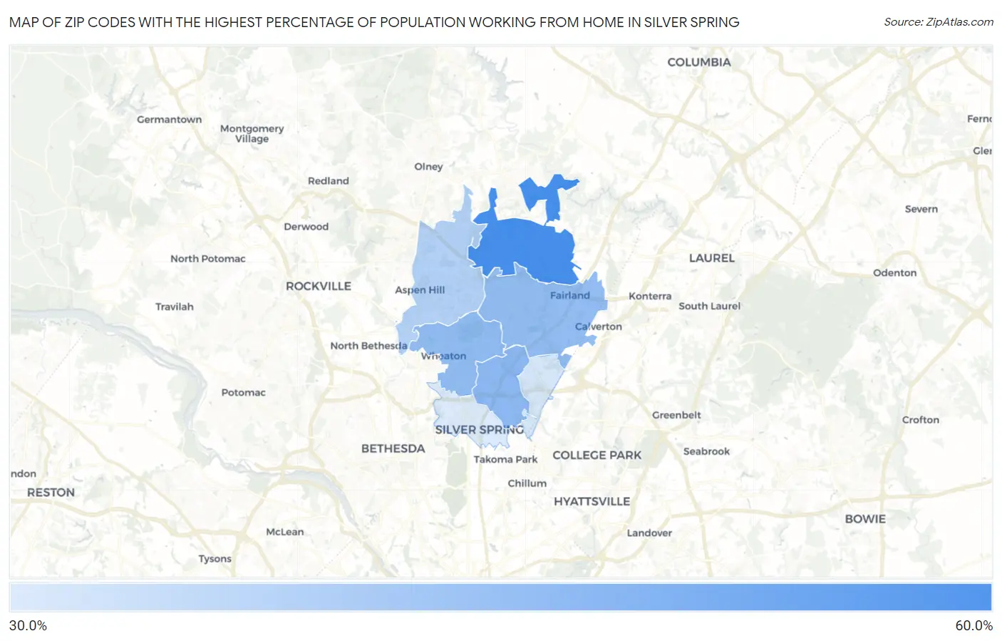 Zip Codes with the Highest Percentage of Population Working from Home in Silver Spring Map