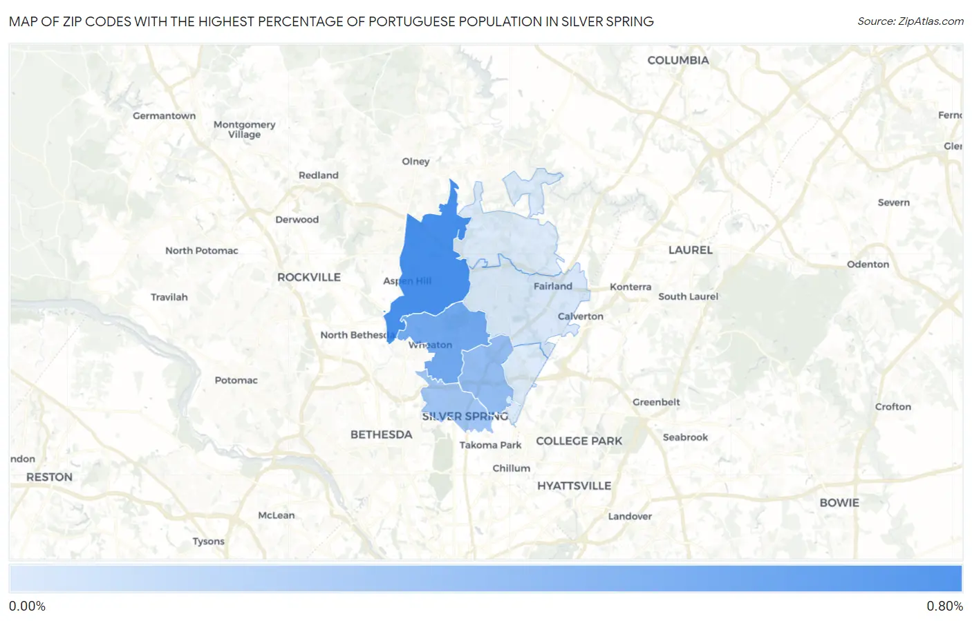 Zip Codes with the Highest Percentage of Portuguese Population in Silver Spring Map