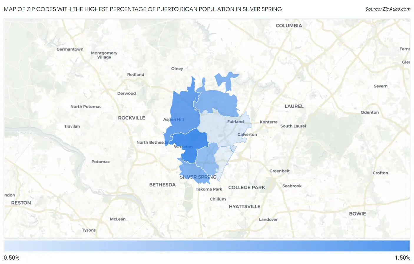 Zip Codes with the Highest Percentage of Puerto Rican Population in Silver Spring Map