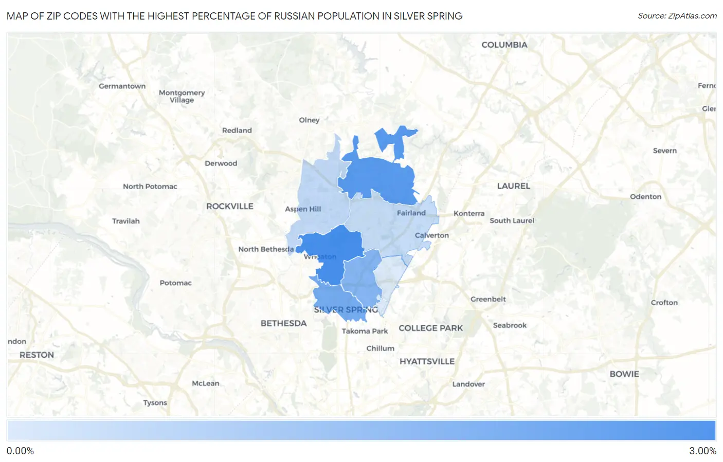 Zip Codes with the Highest Percentage of Russian Population in Silver Spring Map