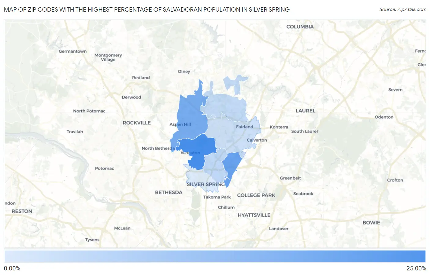 Zip Codes with the Highest Percentage of Salvadoran Population in Silver Spring Map