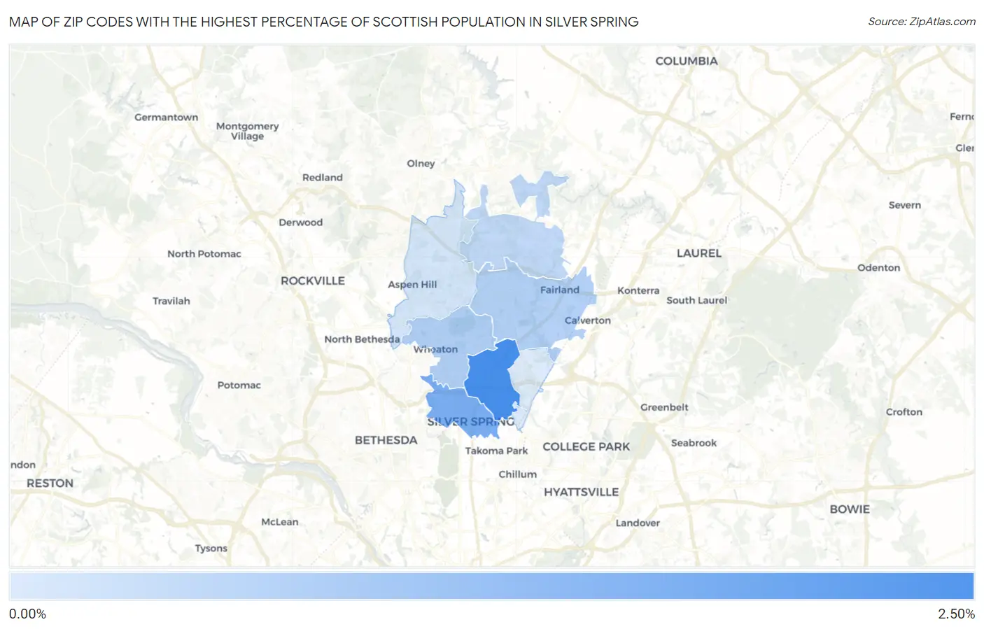 Zip Codes with the Highest Percentage of Scottish Population in Silver Spring Map