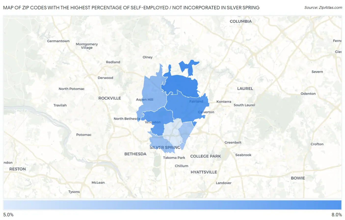 Zip Codes with the Highest Percentage of Self-Employed / Not Incorporated in Silver Spring Map