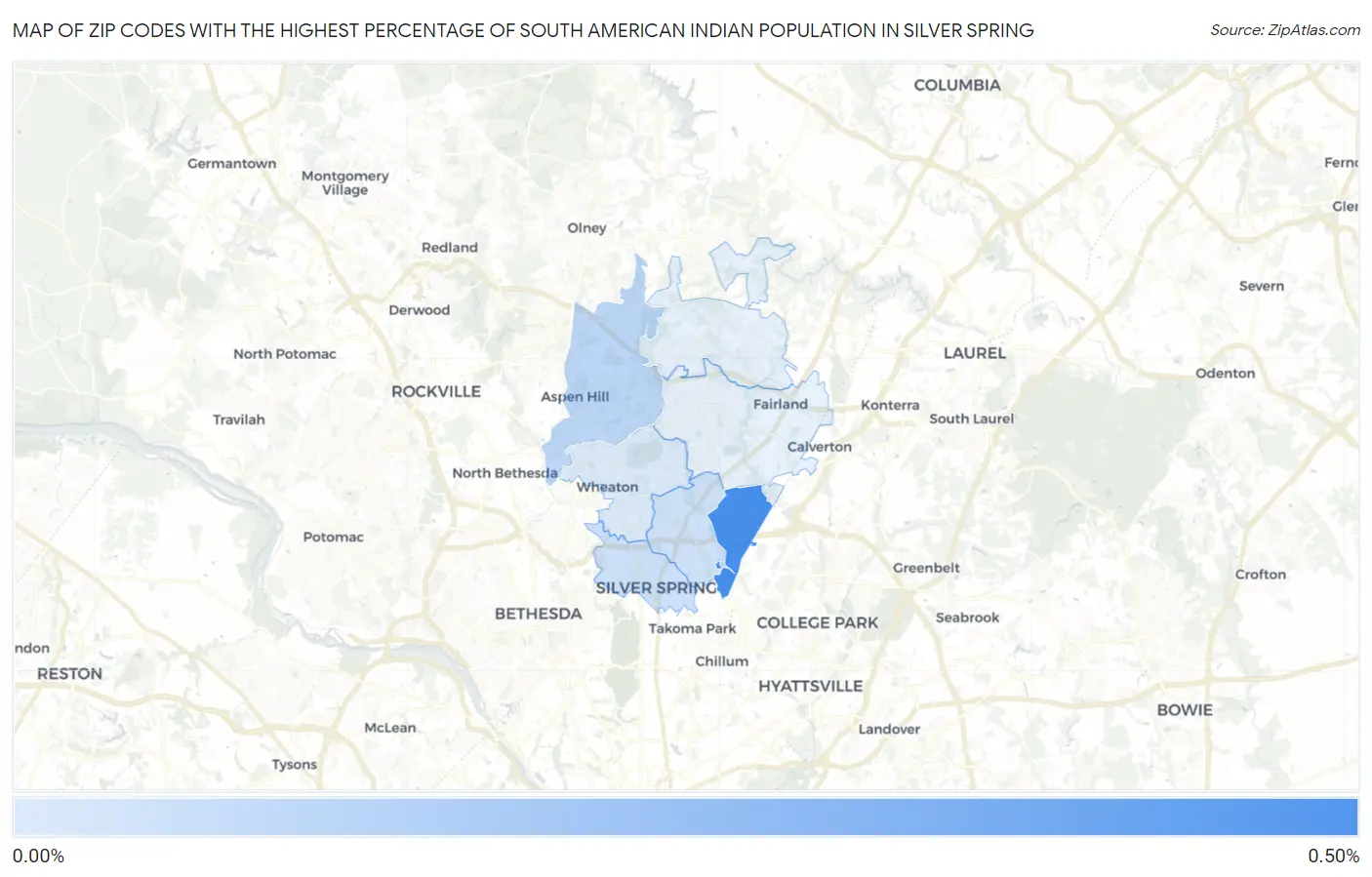 Zip Codes with the Highest Percentage of South American Indian Population in Silver Spring Map